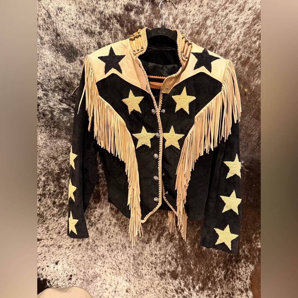 Star-Studded Black and Cream Fringe Leather Jacket